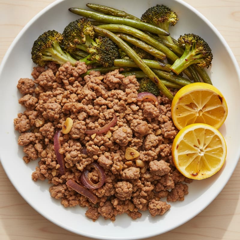 Seared Beef Mince with Roasted Broccoli and Green Beans