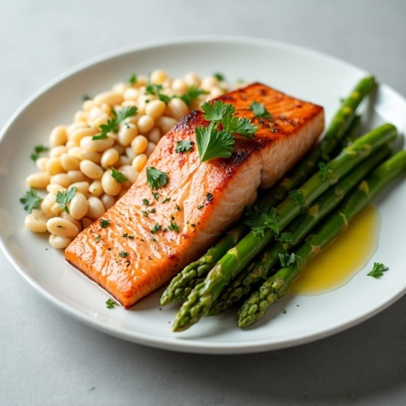 Pan-Seared Salmon with Roasted Asparagus and Creamy White Bean Salad