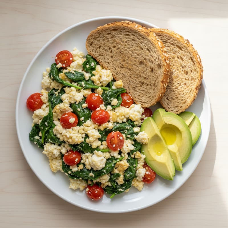 Egg White and Cottage Cheese Scramble with Spinach and Cherry Tomatoes