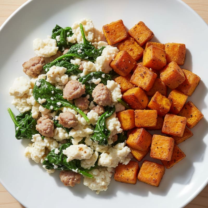 Egg White and Turkey Sausage Scramble with Spinach and Roasted Sweet Potato