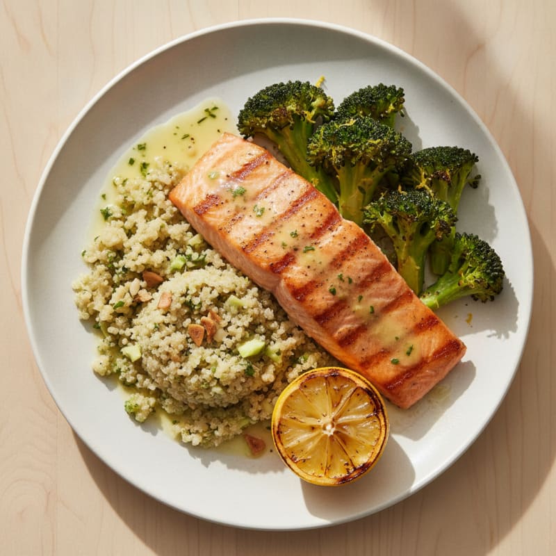Seared Salmon Filet with Roasted Broccoli and Garlic Quinoa