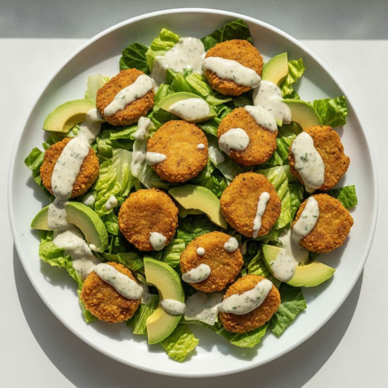 Crispy Vegan Nugget Salad with Avocado and Lettuce