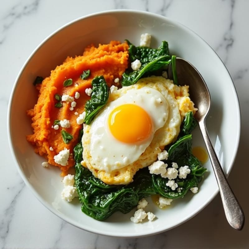 Scrambled Eggs with Sautéed Spinach, Feta, and Sweet Potato Mash