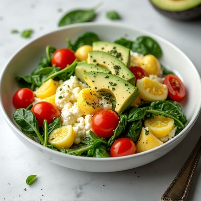 Egg White and Spinach Scramble with Cottage Cheese, Cherry Tomatoes, and Avocado