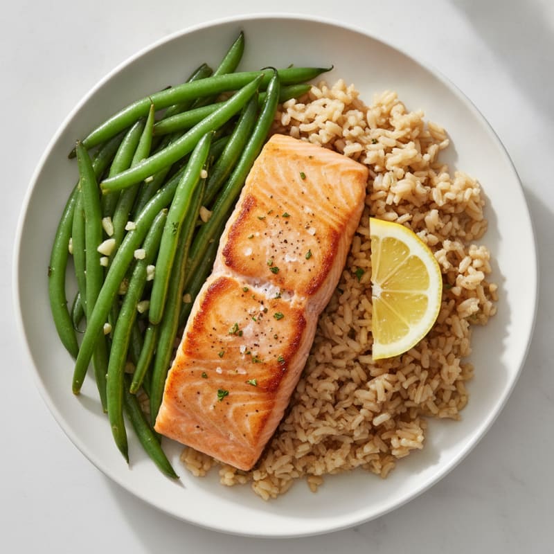 Seared Salmon with Garlic Green Beans and Brown Rice