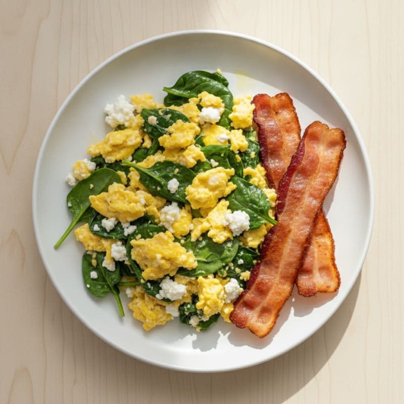 Cottage Cheese Egg Scramble with Spinach and Turkey Bacon
