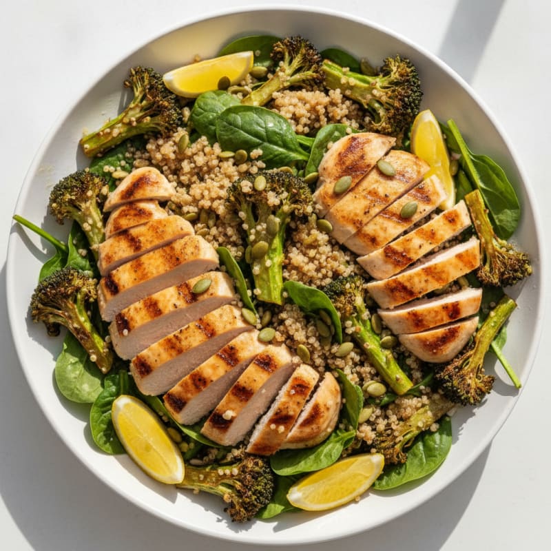 Grilled Chicken Breast Salad with Quinoa and Roasted Broccoli