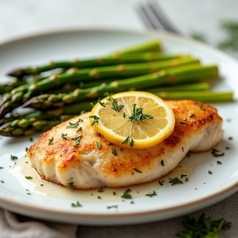 Crispy Pan-Seared Lemon-Herb Chicken with Roasted Asparagus