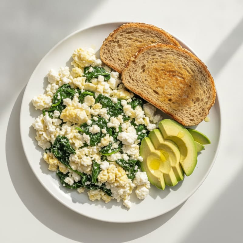 Cottage Cheese and Egg White Scramble with Sautéed Spinach