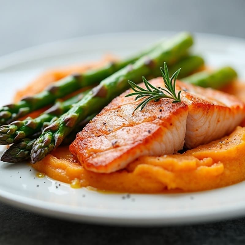 Seared Salmon with Roasted Asparagus and Sweet Potato Mash