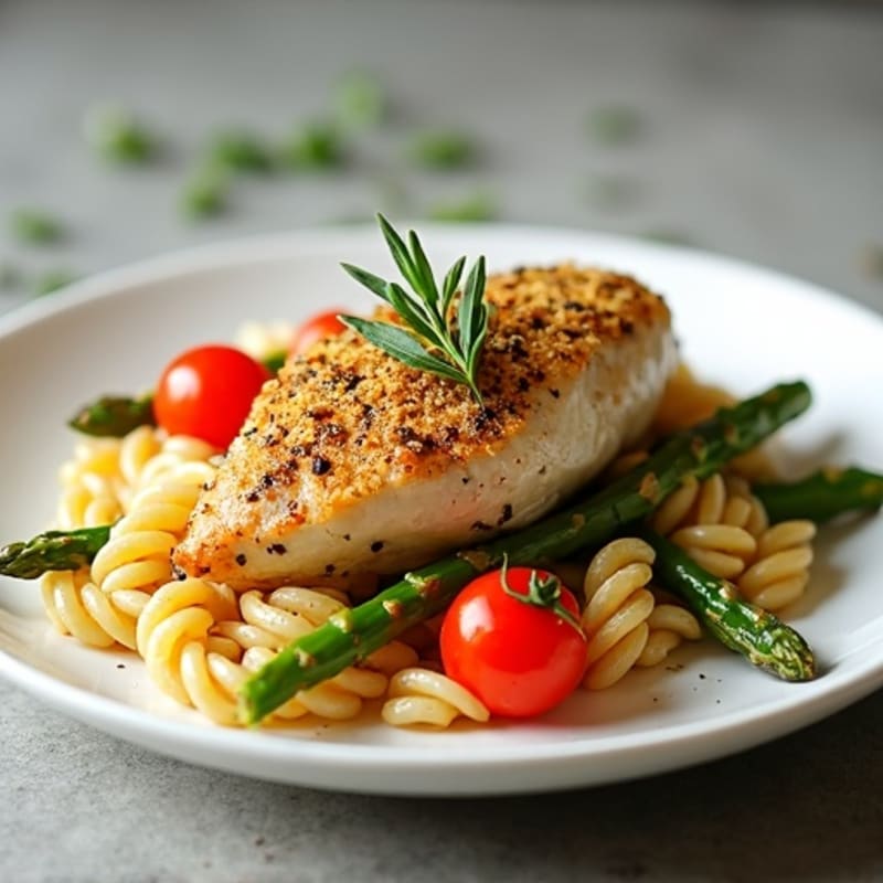 Herb-Crusted Chicken Pasta with Roasted Asparagus and Cherry Tomatoes