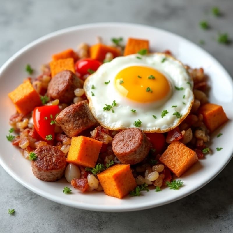 Crispy Sweet Potato Hash with Lean Turkey Sausage and Eggs