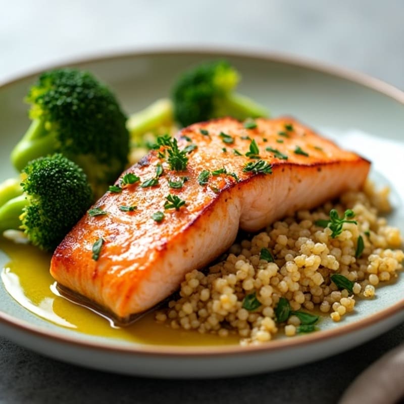 Seared Salmon with Steamed Broccoli and Garlic Quinoa