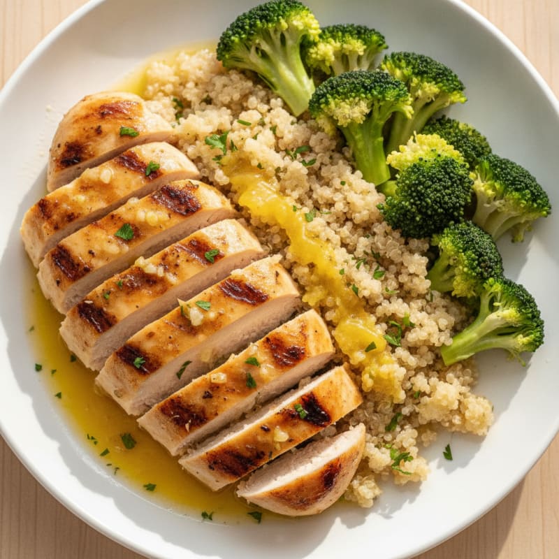 Grilled Lemon-Garlic Chicken Breast with Quinoa and Steamed Broccoli