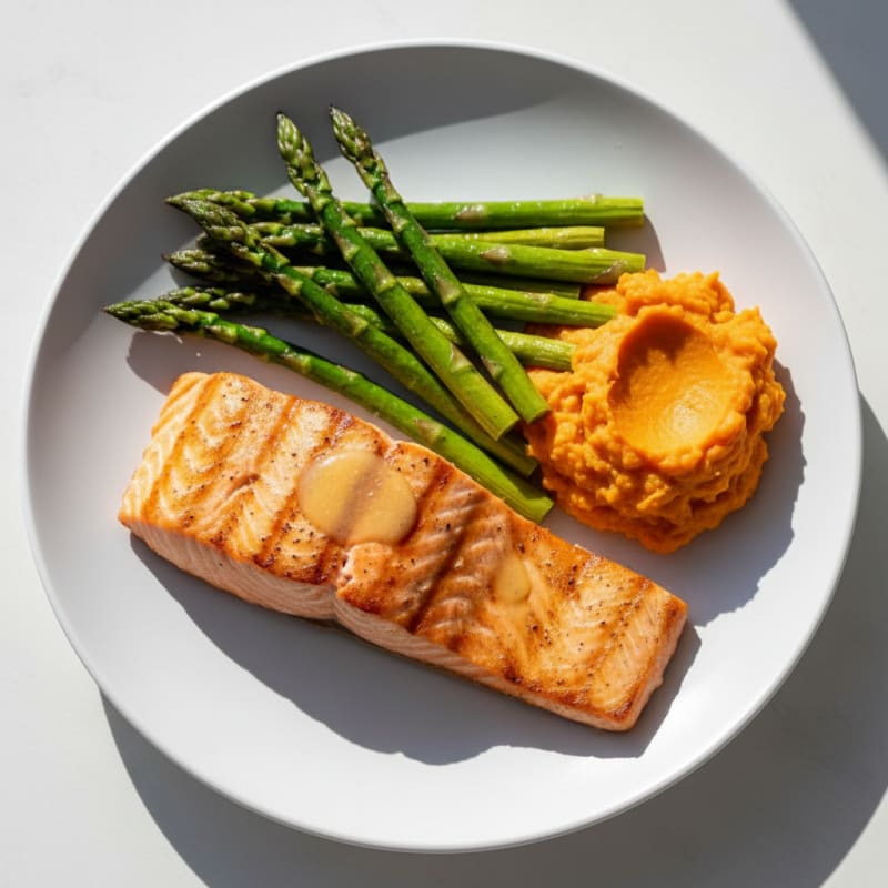 Seared Salmon Fillet with Roasted Asparagus and Sweet Potato Mash