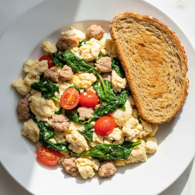 Egg White and Turkey Sausage Scramble with Spinach and Tomatoes