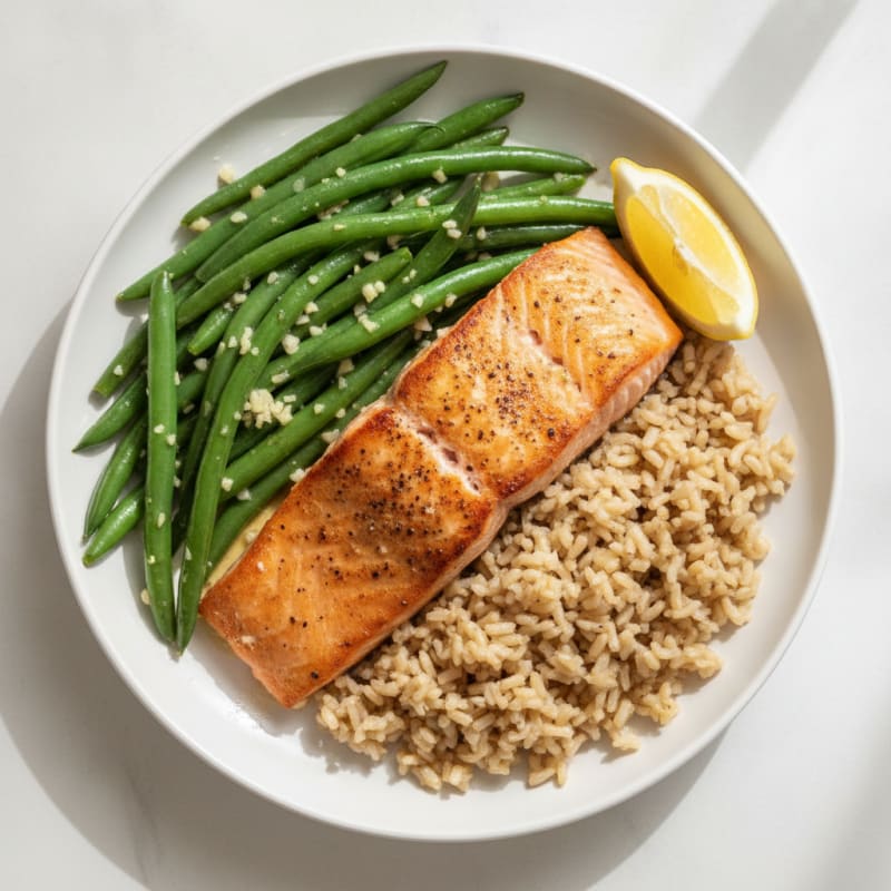 Seared Salmon with Garlic Green Beans and Brown Rice