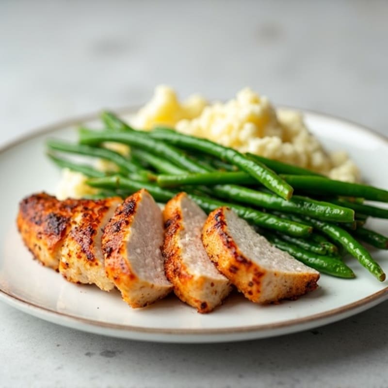 Seared Turkey Tenderloin with Steamed Green Beans and Mashed Cauliflower