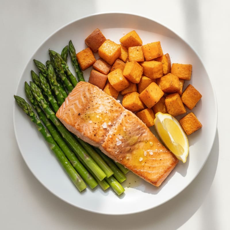 Seared Salmon with Roasted Sweet Potatoes and Asparagus