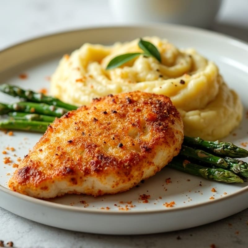 Crispy Baked Chicken Breast with Creamy Garlic Mashed Potatoes and Roasted Asparagus
