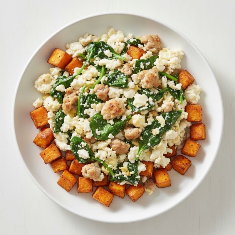 Egg White and Turkey Sausage Scramble with Spinach and Roasted Sweet Potato