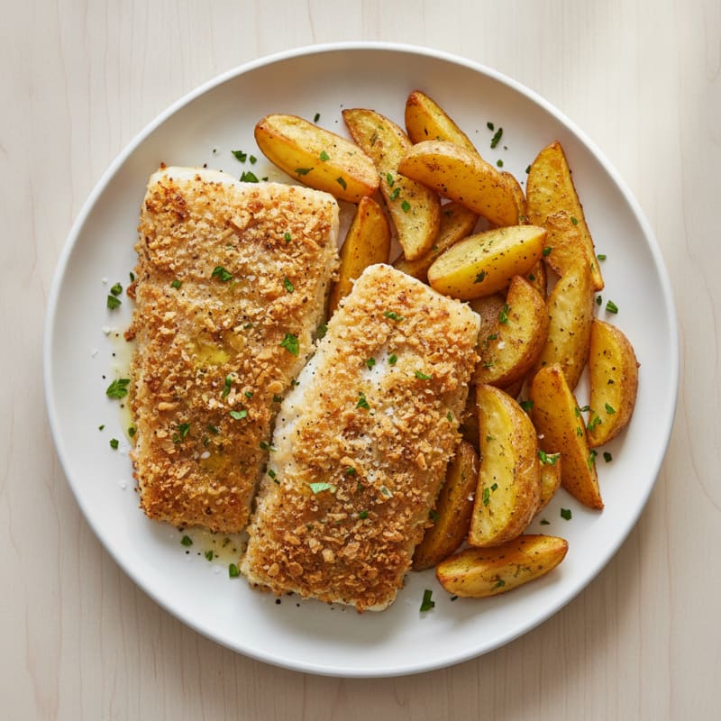 Crispy Baked Cod with Potato Wedges