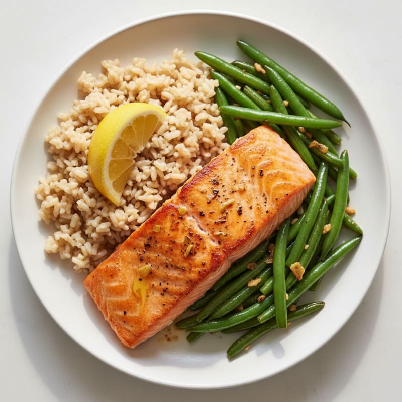 Seared Salmon with Garlic Green Beans and Brown Rice