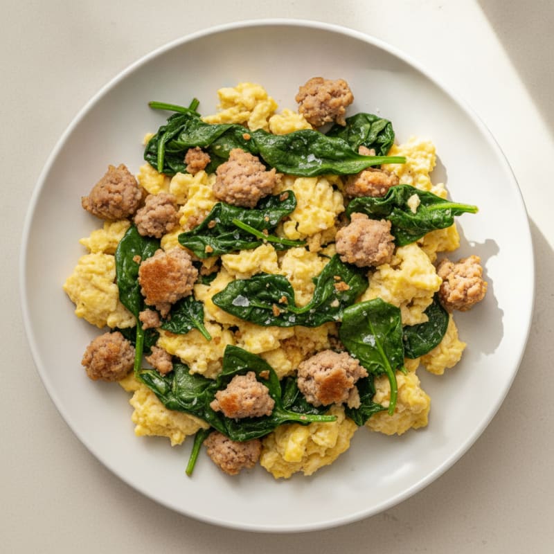 Scrambled Eggs with Turkey Sausage and Sautéed Spinach