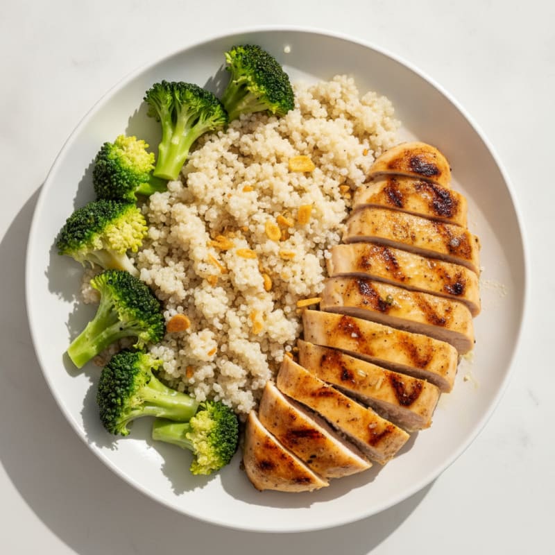 Grilled Chicken Breast with Steamed Broccoli and Quinoa