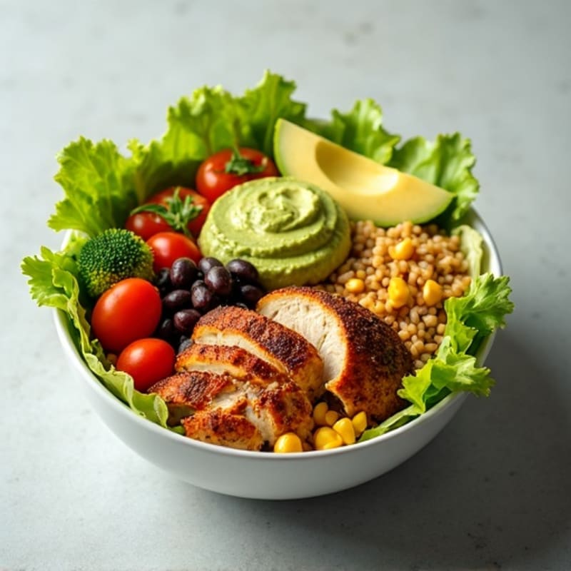 Roasted Chicken Burrito Bowl with Fresh Salsa and Creamy Avocado