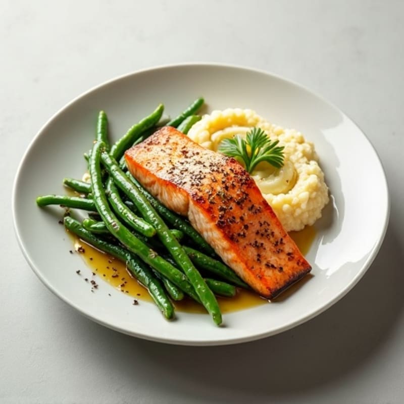 Seared Salmon with Garlic Green Beans and Cauliflower Mash
