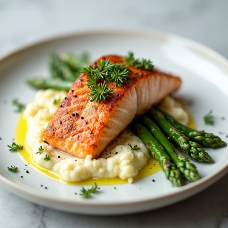 Seared Salmon with Steamed Asparagus and Cauliflower Mash