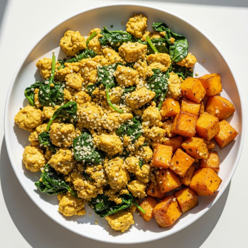 Tofu Scramble with Spinach and Roasted Sweet Potatoes