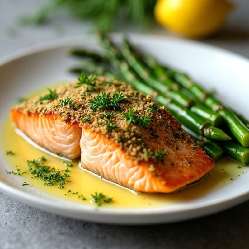 Herb-Crusted Pan Seared Salmon with Garlic Butter Asparagus
