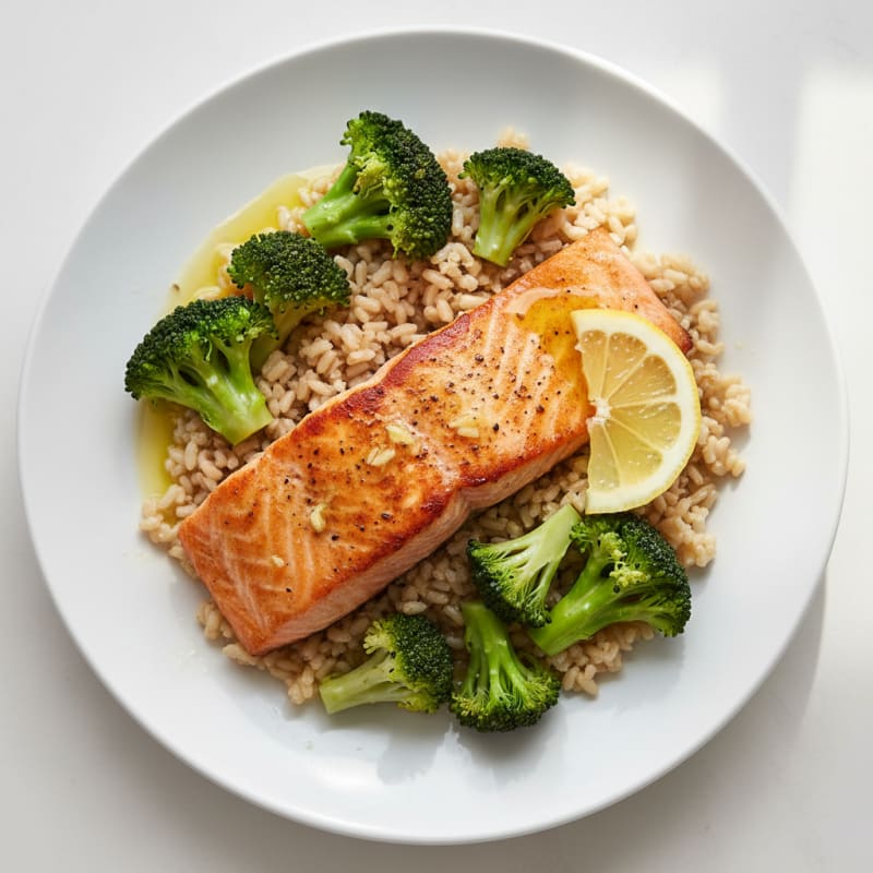 Seared Salmon with Steamed Broccoli and Brown Rice