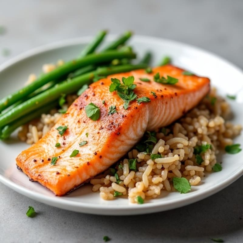 Seared Salmon with Garlic Green Beans and Brown Rice
