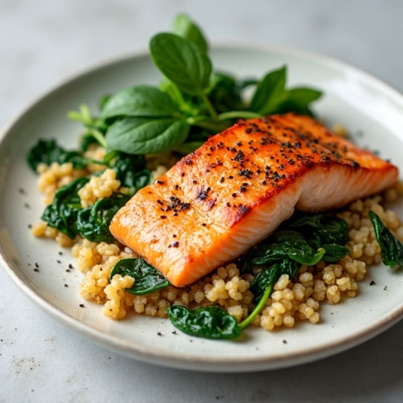 Seared Salmon with Quinoa and Sautéed Spinach