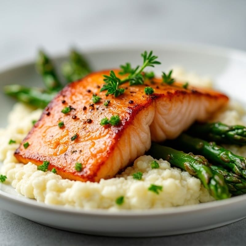Seared Salmon with Steamed Asparagus and Cauliflower Mash