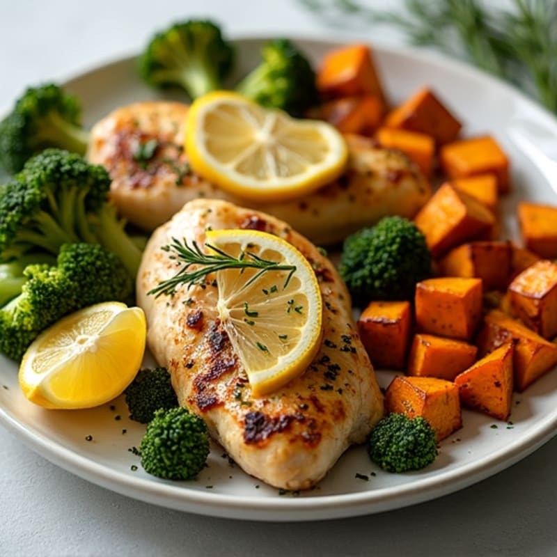 Sheet Pan Lemon-Herb Roasted Chicken with Crispy Sweet Potatoes and Broccoli