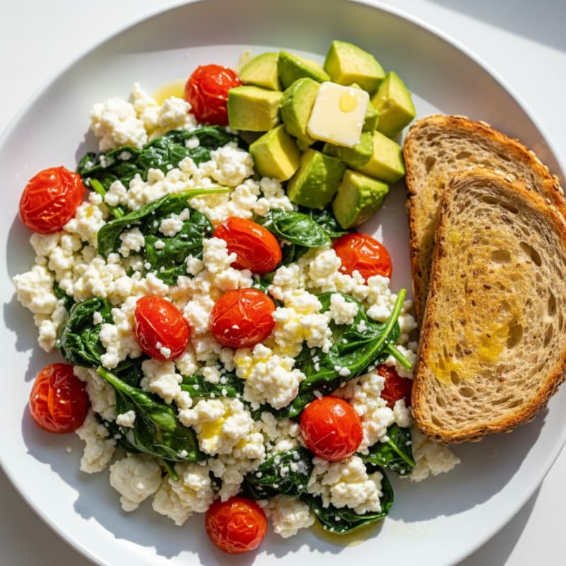 Egg White and Cottage Cheese Scramble with Spinach and Cherry Tomatoes