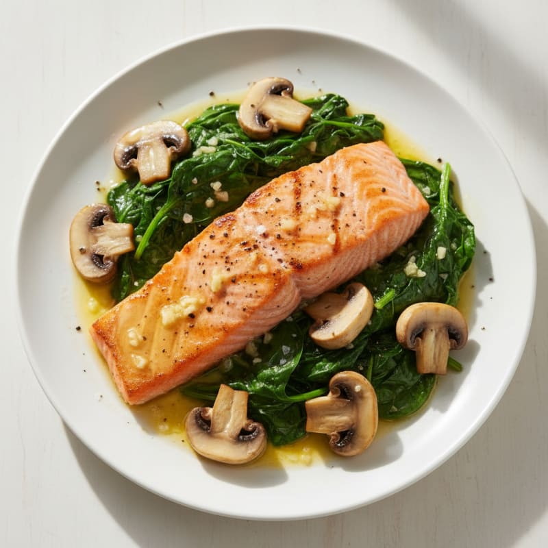 Pan-Seared Salmon with Sauteed Spinach and Buttered Mushrooms