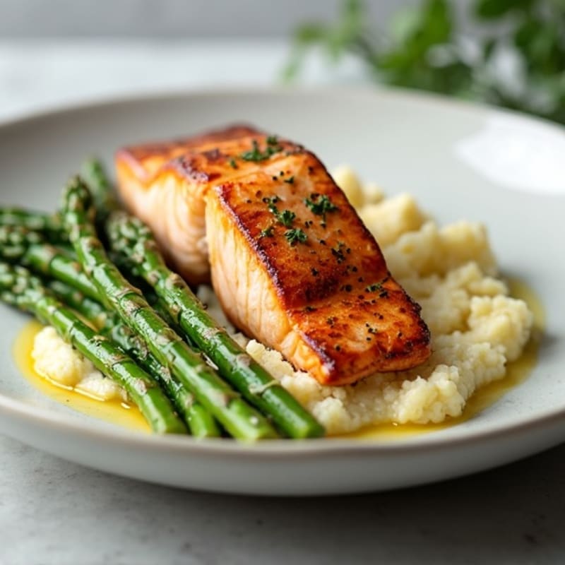 Seared Salmon with Steamed Asparagus and Garlic Cauliflower Mash