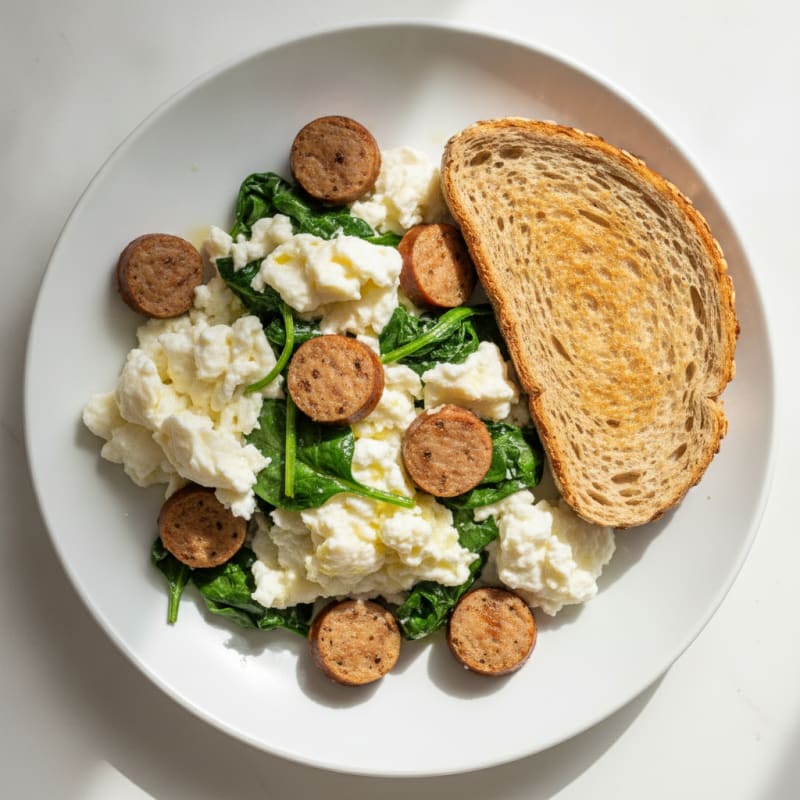Egg White Scramble with Turkey Sausage and Sautéed Spinach