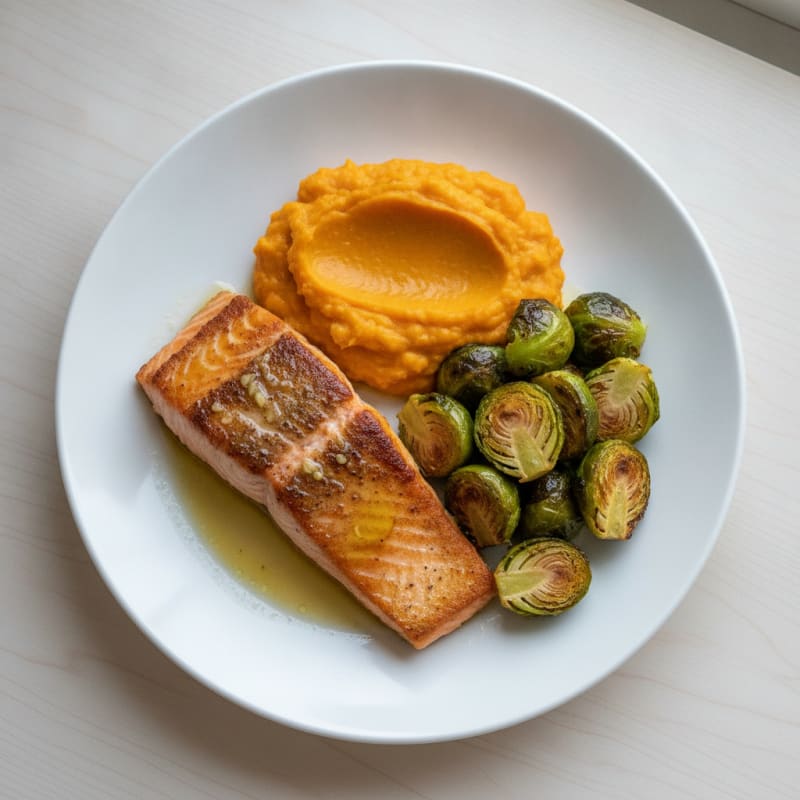 Seared Salmon Fillet with Roasted Brussels Sprouts and Sweet Potato Mash