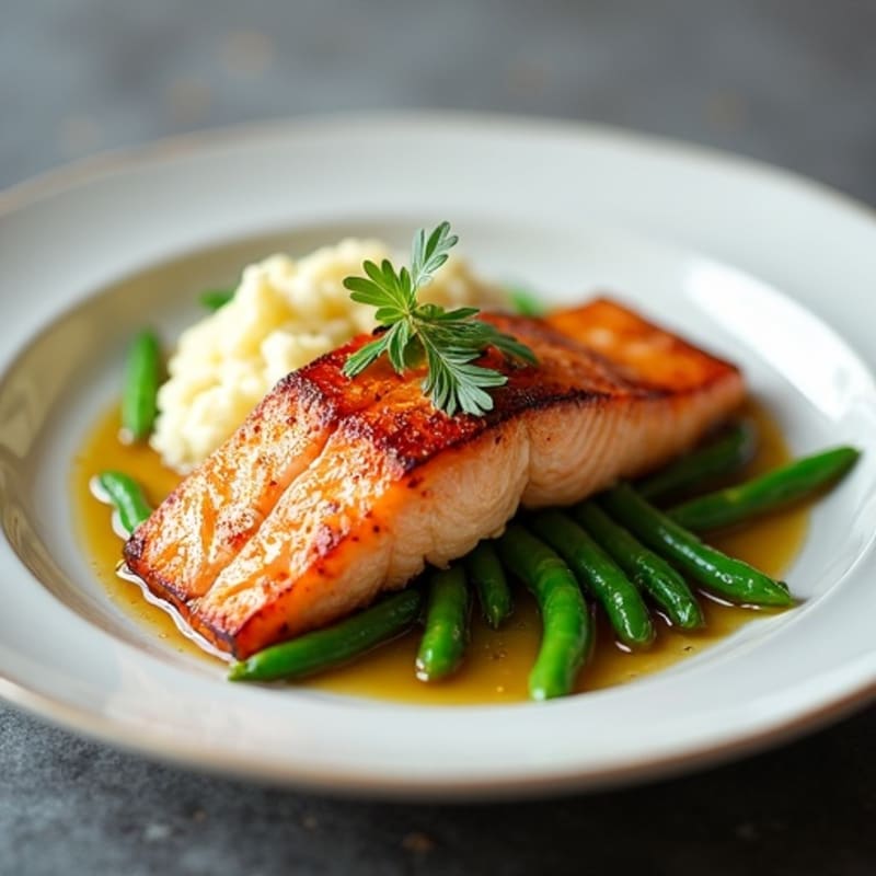 Seared Salmon with Steamed Green Beans and Mashed Cauliflower
