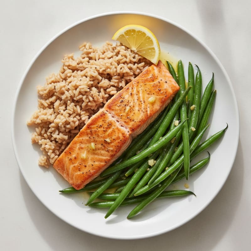 Seared Salmon Fillet with Garlic Green Beans and Brown Rice