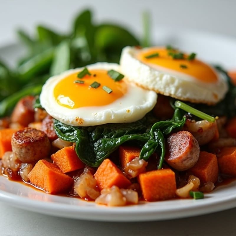 Crispy Sweet Potato Hash with Poached Eggs and Greens