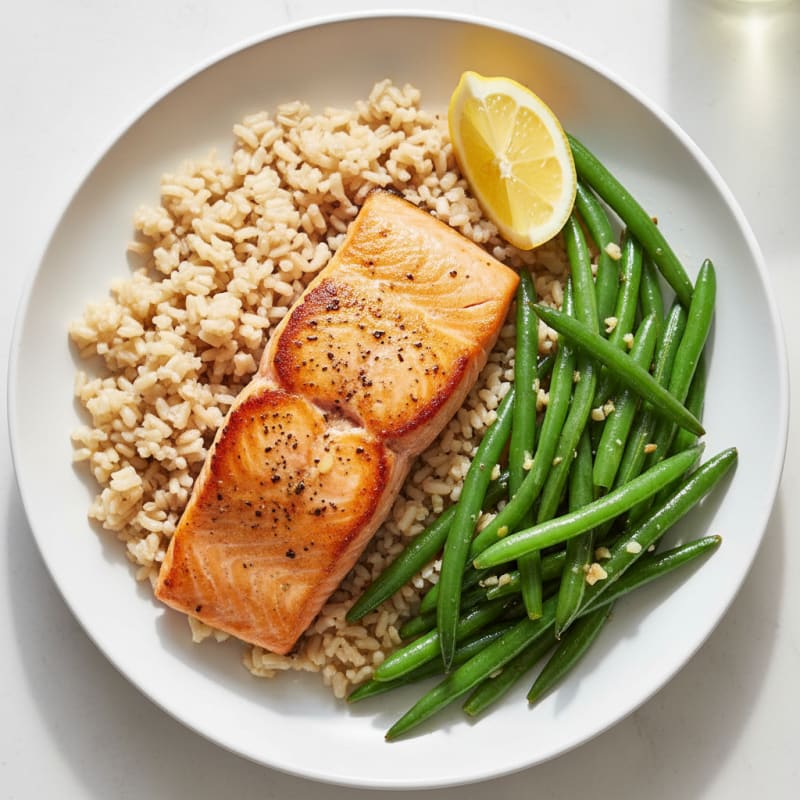 Seared Salmon Fillet with Garlic Green Beans and Brown Rice