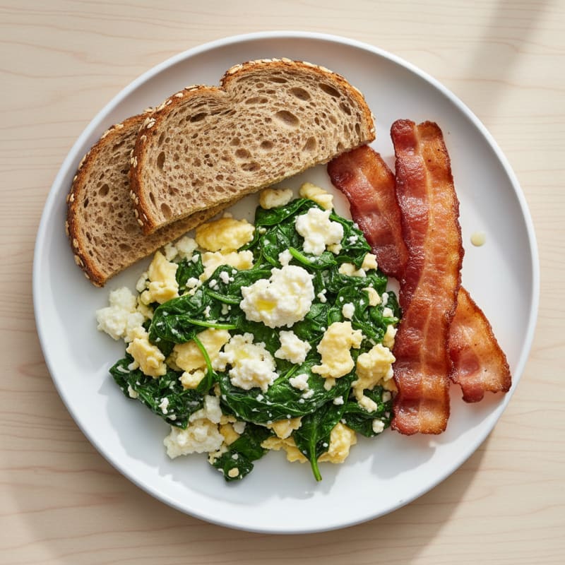 Cottage Cheese Scramble with Spinach and Turkey Bacon