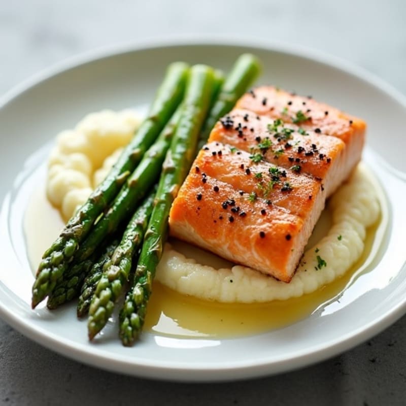 Seared Salmon with Steamed Asparagus and Cauliflower Mash